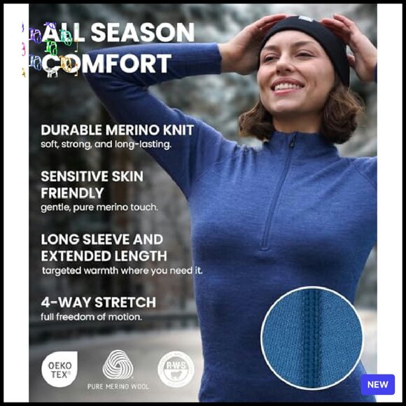 Merino Wool Base Layer Set Zip-Up Thermal Top Bottom Heavyweight - Picture 5 of 8